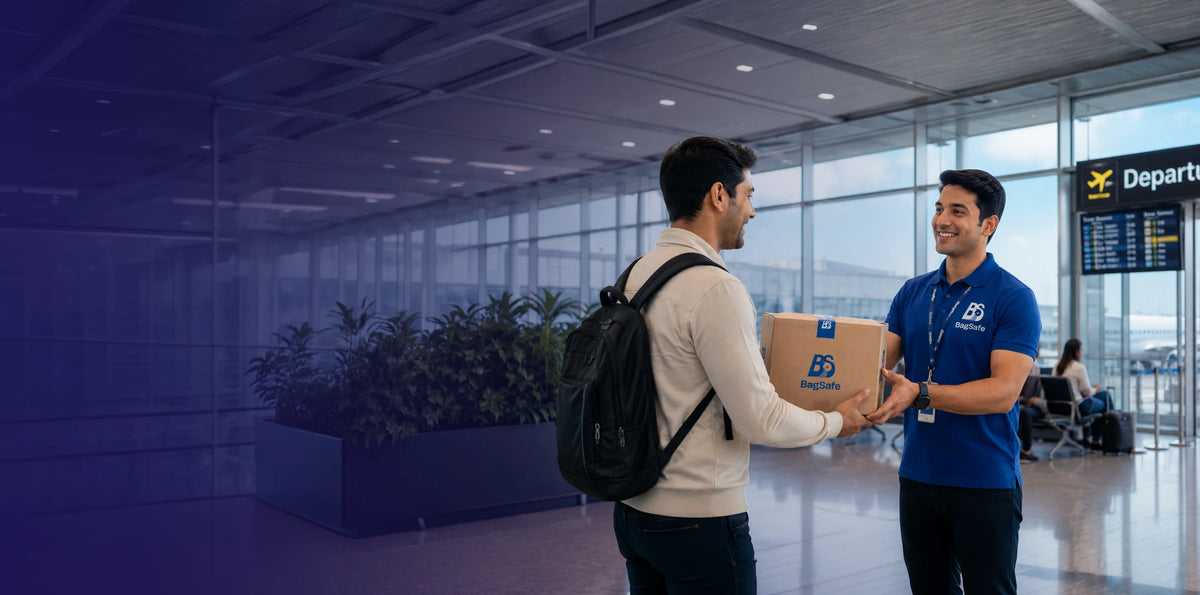 A man in a beige sweater and black backpack shakes hands with a smiling delivery worker wearing a blue branded uniform, holding a cardboard box with a blue logo, in an airport departure lounge.