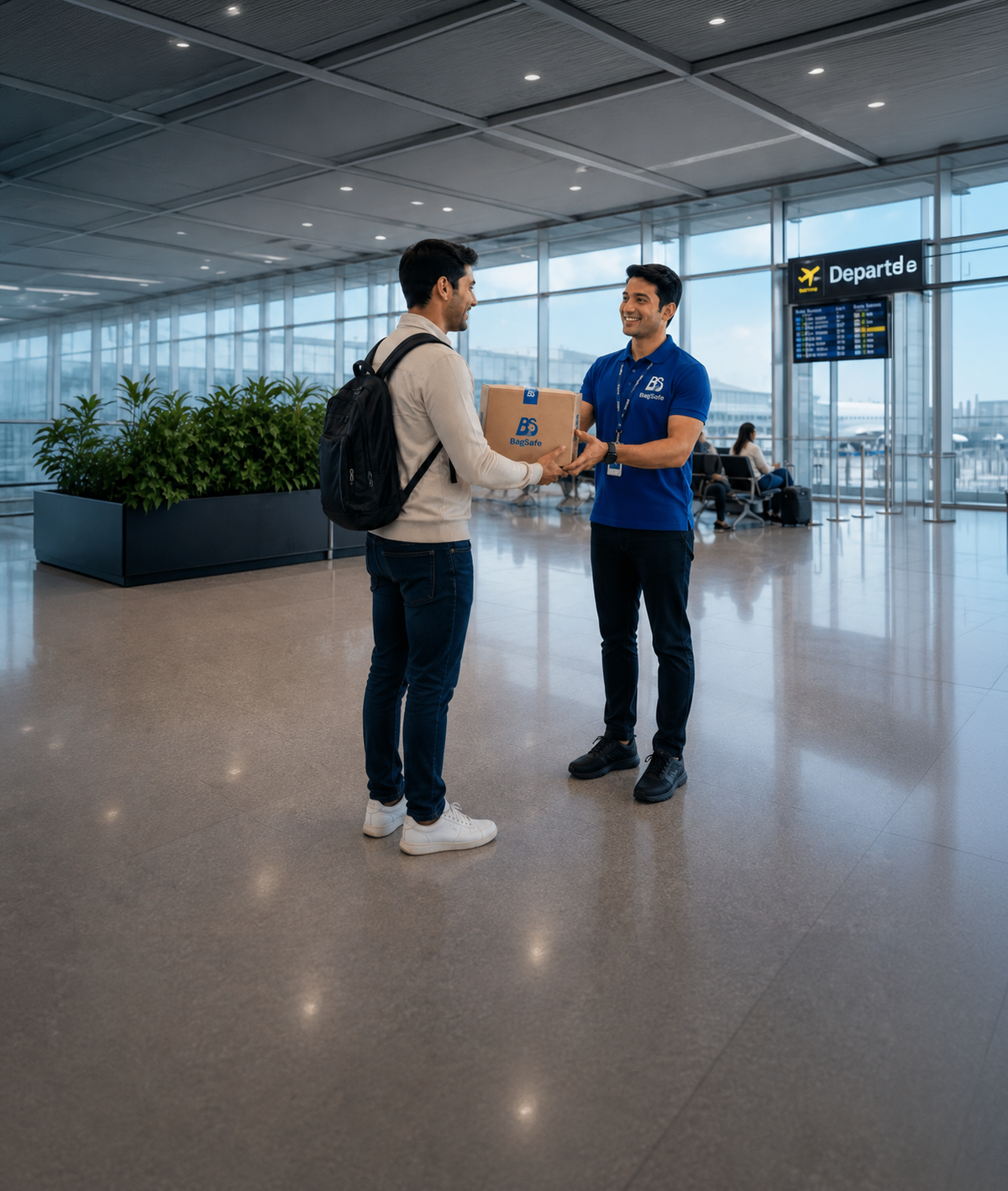 A man in a beige sweater and jeans with a black backpack receives a cardboard shipping box from a delivery worker wearing a blue uniform inside a modern airport terminal.