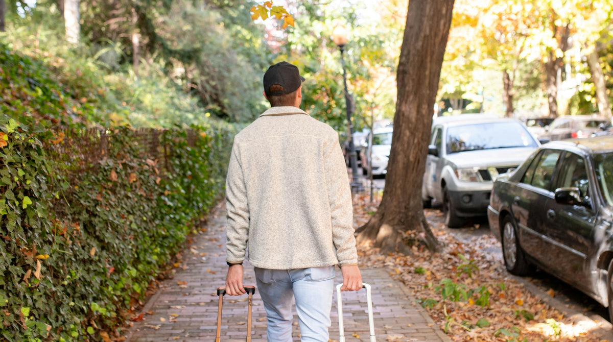Traveler walking with luggage on a tree-lined street
